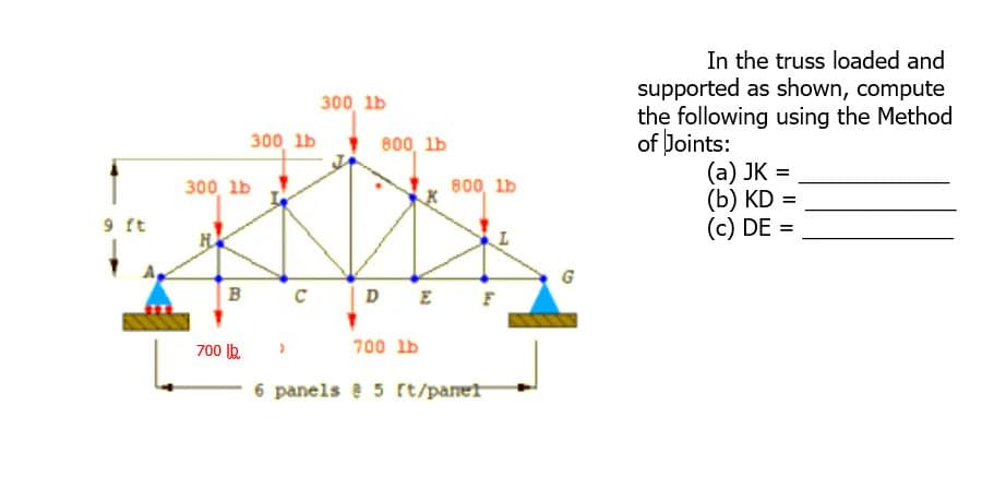 In the truss loaded and
supported as shown, compute
the following using the Method
of Joints:
(a) JK =
(b) KD =
(c) DE =
300 lb
300 lb
800, lb
300, lb
800, lb
9 ft
в
C
D E
700 b.
700 lb
6 panels e 5 rt/paret
