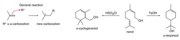 General reaction
TSOH
HSO,CI
Он
Он
R* = a carbocation
new carbocation
a-cyclogeraniol
Он
a-terpineol
nerol
