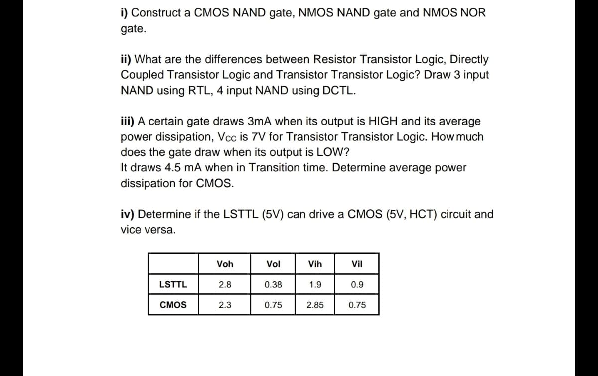 i) Construct a CMOS NAND gate, NMOS NAND gate and NMOS NOR
gate.
ii) What are the differences between Resistor Transistor Logic, Directly
Coupled Transistor Logic and Transistor Transistor Logic? Draw 3 input
NAND using RTL, 4 input NAND using DCTL.
iii) A certain gate draws 3mA when its output is HIGH and its average
power dissipation, Vcc is 7V for Transistor Transistor Logic. How much
does the gate draw when its output is LOW?
It draws 4.5 mA when in Transition time. Determine average power
dissipation for CMOS.
iv) Determine if the LSTTL (5V) can drive a CMOS (5V, HCT) circuit and
vice ve sa.
Voh
Vol
Vih
Vil
LSTTL
2.8
0.38
1.9
0.9
CMOS
2.3
0.75
2.85
0.75