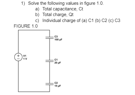 1) Solve the following values in figure 1.0.
a) Total capacitance, Ct
b) Total charge, Qt
c) Individual charge of (a) C1 (b) C2 (c) C3
FIGURE 1.0
C3
100 uF
V1
1V
C1
20 uF
C2
15 uF
(+1
