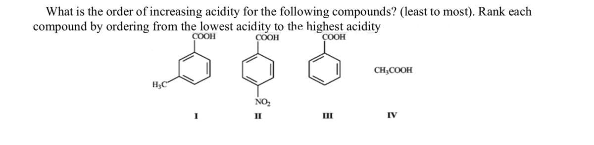 What is the order of increasing acidity for the following compounds? (least to most). Rank each
compound by ordering from the lowest acidity to the highest acidity
COOH
COOH
COOH
H3C
ΝΟΣ
II
CH3COOH
III
IV