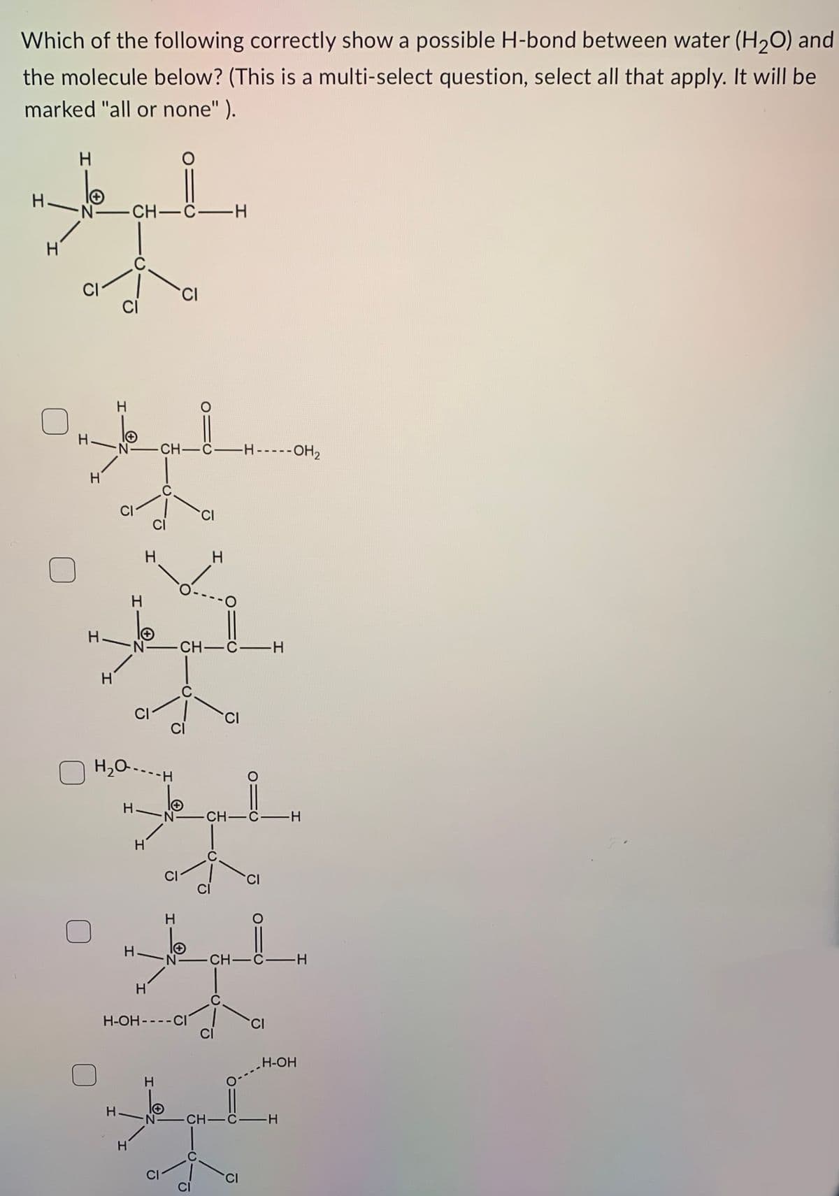 Which of the following correctly show a possible H-bond between water (H₂O) and
the molecule below? (This is a multi-select question, select all that apply. It will be
marked "all or none").
H
H-N-CH-C-H
H
t
C.
CI
CI
H
H.
-N-
H
H
H₂O..
H.
H
H
CH-C-H- ----OH₂
-N-CH-C-H
C
H
C
CI
H. -N-CH-C-H
H
H
H-OH----CI
CI
H
----
O
(
Cl
O
N-CH-C-H
CI
CI
CI
-N-CH-C-H
H-OH