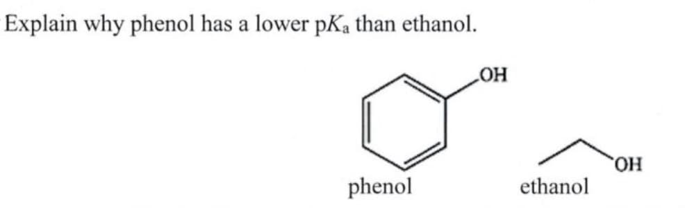 Explain why phenol has a lower pKa than ethanol.
OH
OH
phenol
ethanol
