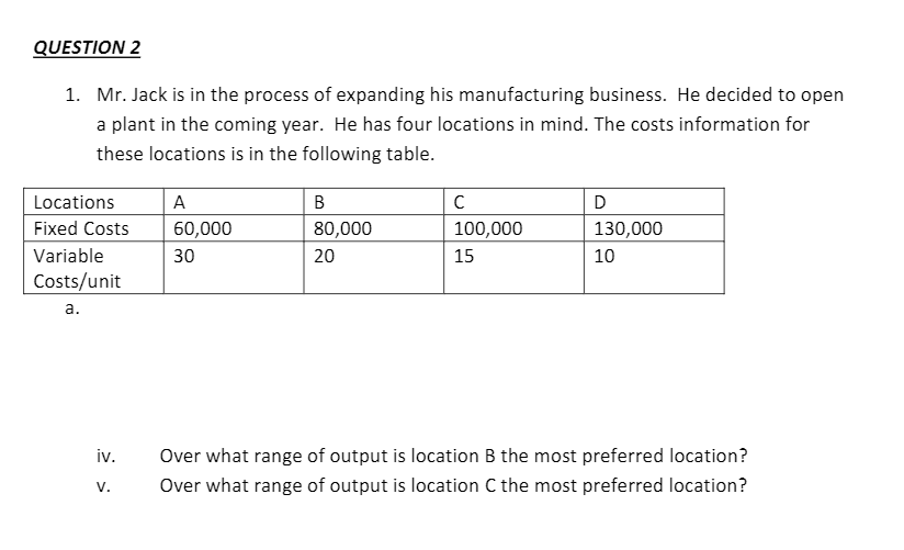 QUESTION 2
1. Mr. Jack is in the process of expanding his manufacturing business. He decided to open
a plant in the coming year. He has four locations in mind. The costs information for
these locations is in the following table.
Locations
A
Fixed Costs 60,000
Variable
30
Costs/unit
a.
iv.
V.
B
80,000
20
с
100,000
15
D
130,000
10
Over what range of output is location B the most preferred location?
Over what range of output is location C the most preferred location?