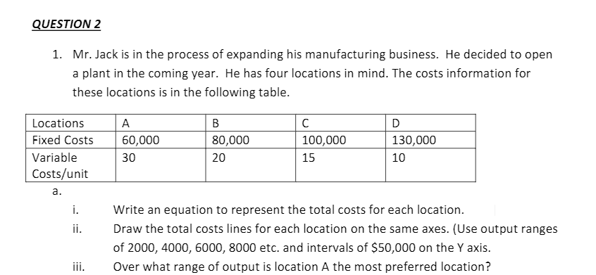 QUESTION 2
1. Mr. Jack is in the process of expanding his manufacturing business. He decided to open
a plant in the coming year. He has four locations in mind. The costs information for
these locations is in the following table.
Locations
Fixed Costs
Variable
Costs/unit
a.
i.
ii.
iii.
A
60,000
30
B
80,000
20
с
100,000
15
D
130,000
10
Write an equation to represent the total costs for each location.
Draw the total costs lines for each location on the same axes. (Use output ranges
of 2000, 4000, 6000, 8000 etc. and intervals of $50,000 on the Y axis.
Over what range of output is location A the most preferred location?