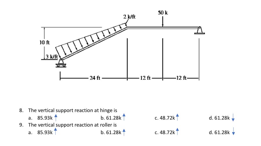 50 k
2 k/ft
10 ft
3 k/ft
-24 ft
12 ft
-12 ft-
8. The vertical support reaction at hinge is
b. 61.28k
9. The vertical support reaction at roller is
b. 61.28k 1
a. 85.93k
c. 48.72k
d. 61.28k
85.93k
c. 48.72k T
d. 61.28k
а.
