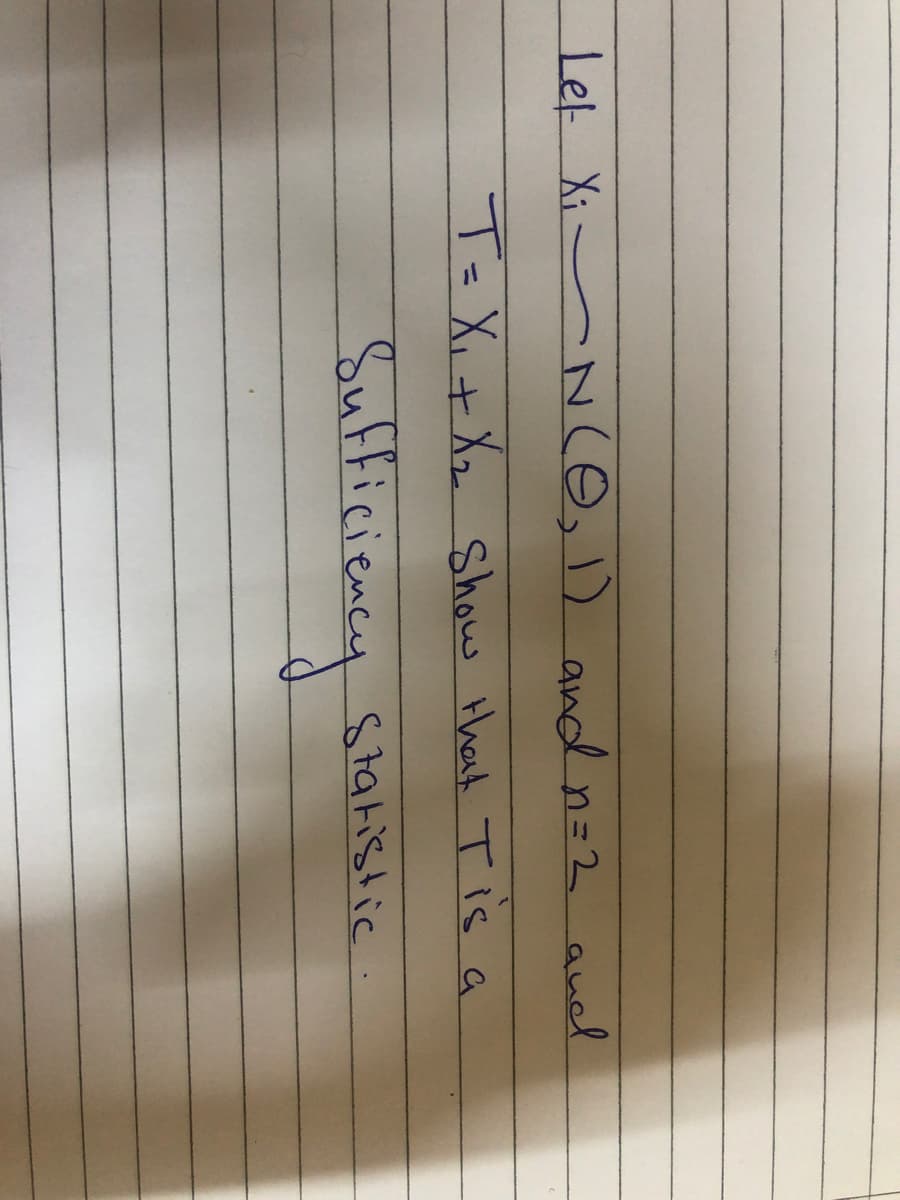 Let Xi- NcO, ) andn=2 aud
T=X,+ Xz Show that Tis a
%3D
Sulfficiesry
Statistic.
