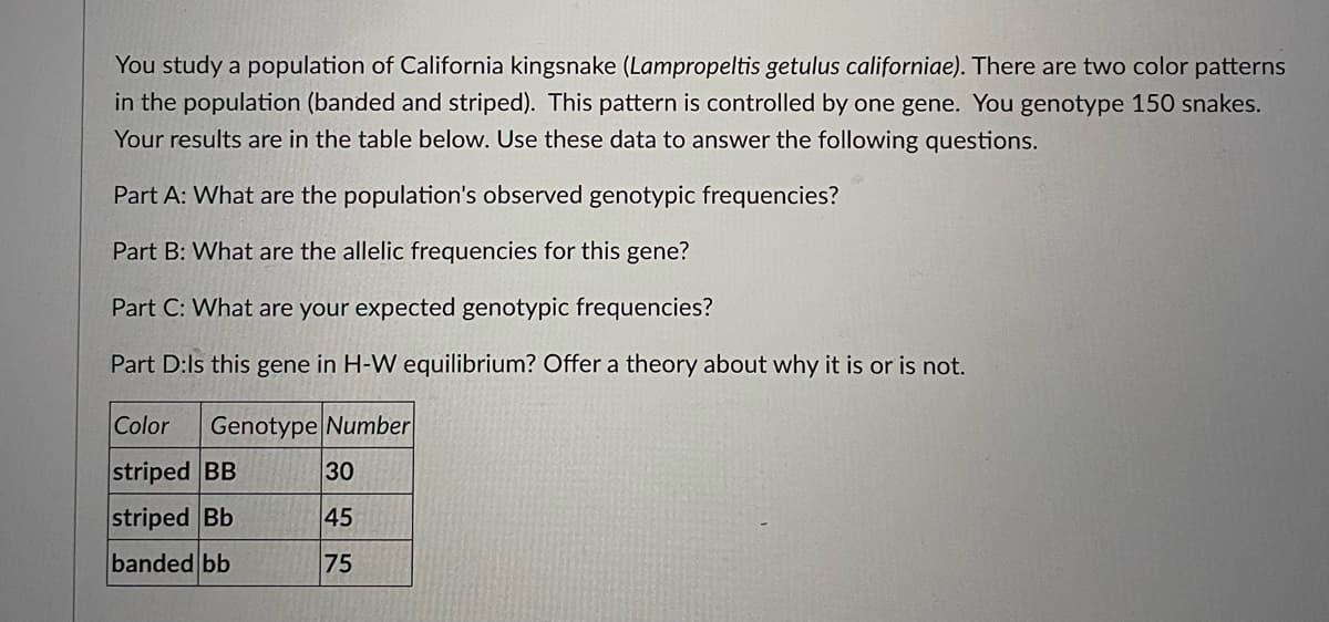 You study a population of California kingsnake (Lampropeltis getulus californiae). There are two color patterns
in the population (banded and striped). This pattern is controlled by one gene. You genotype 150 snakes.
Your results are in the table below. Use these data to answer the following questions.
Part A: What are the population's observed genotypic frequencies?
Part B: What are the allelic frequencies for this gene?
Part C: What are your expected genotypic frequencies?
Part D:Is this gene in H-W equilibrium? Offer a theory about why it is or is not.
Color Genotype Number
striped BB
striped Bb
banded bb
30
45
75