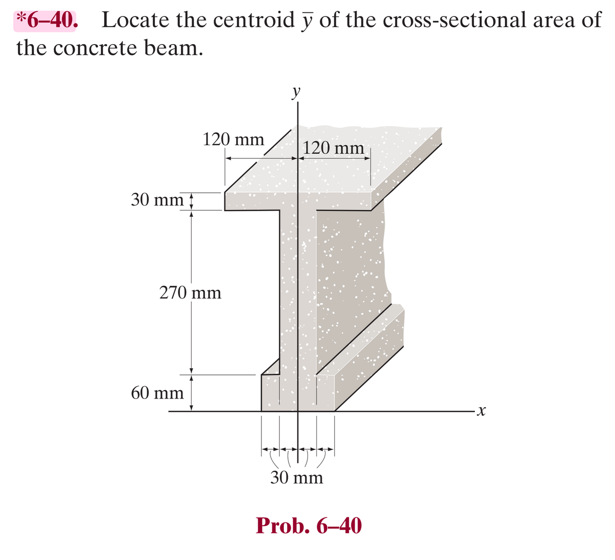 *6-40. Locate the centroid y of the cross-sectional area of
the concrete beam.
30 mm +
120 mm
270 mm
60 mm
y
120 mm
30 mm
Prob. 6-40
-X