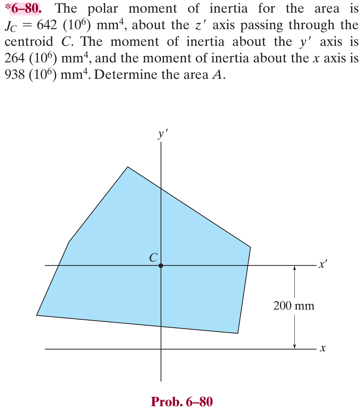 *6-80. The polar moment of inertia for the area is
Jc = 642 (106) mm4, about the z' axis passing through the
centroid C. The moment of inertia about the y' axis is
264 (106) mmª, and the moment of inertia about the x axis is
938 (106) mm4. Determine the area A.
y'
C
Prob. 6-80
200 mm
x'
X