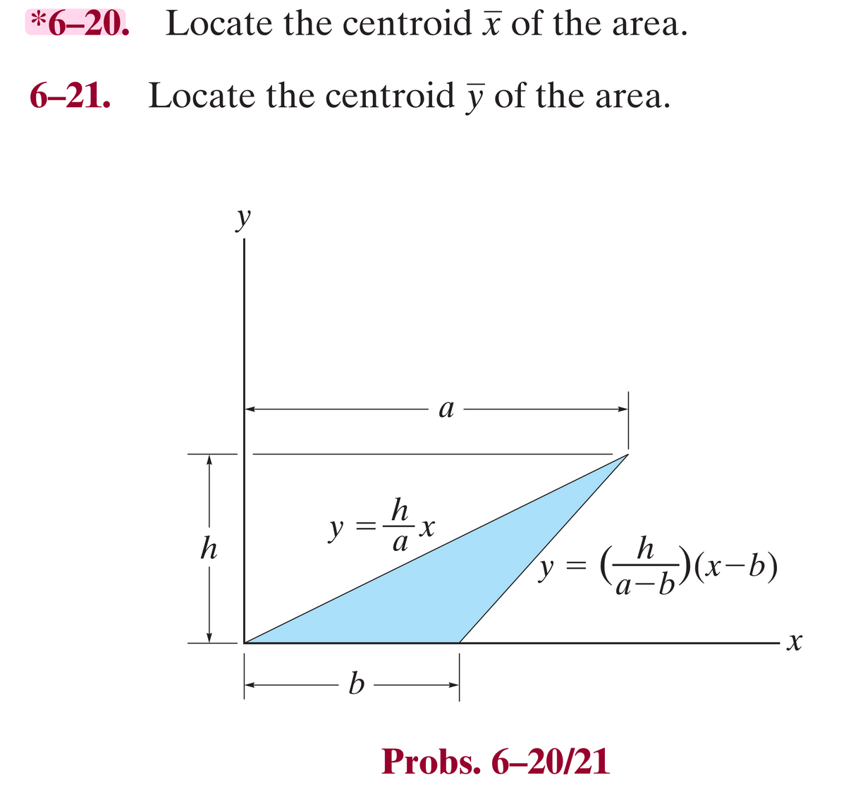 *6-20. Locate the centroid x of the area.
6-21. Locate the centroid y of the area.
h
y
y=
b
h
а
X
а
y
=
Probs. 6-20/21
h
a-b) (x-b)
X