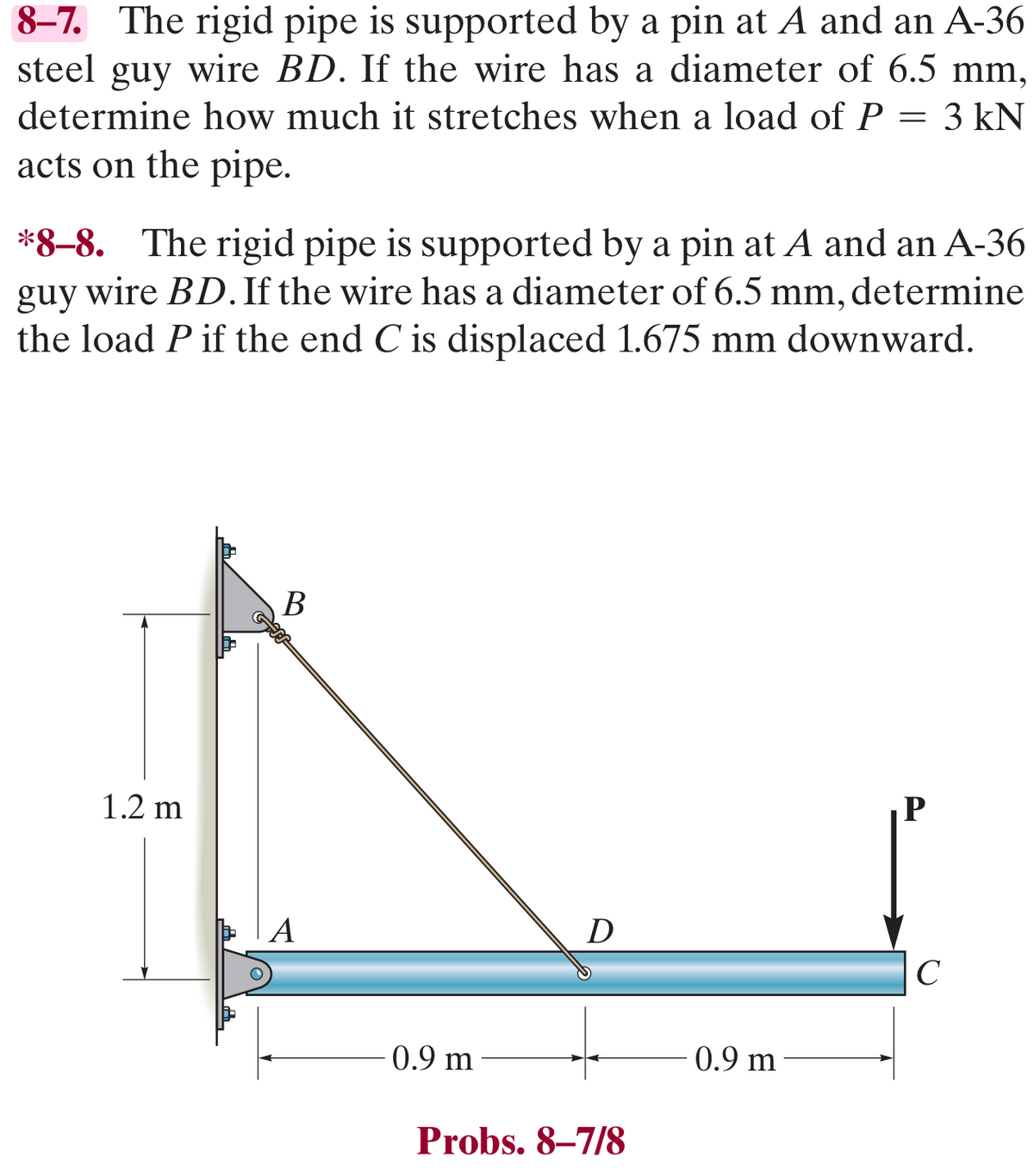 8-7. The rigid pipe is supported by a pin at A and an A-36
steel guy wire BD. If the wire has a diameter of 6.5 mm,
determine how much it stretches when a load of P = 3 kN
acts on the pipe.
*8-8. The rigid pipe is supported by a pin at A and an A-36
guy wire BD. If the wire has a diameter of 6.5 mm, determine
the load P if the end C is displaced 1.675 mm downward.
1.2 m
B
0.9 m
D
Probs. 8-7/8
0.9 m
P
с