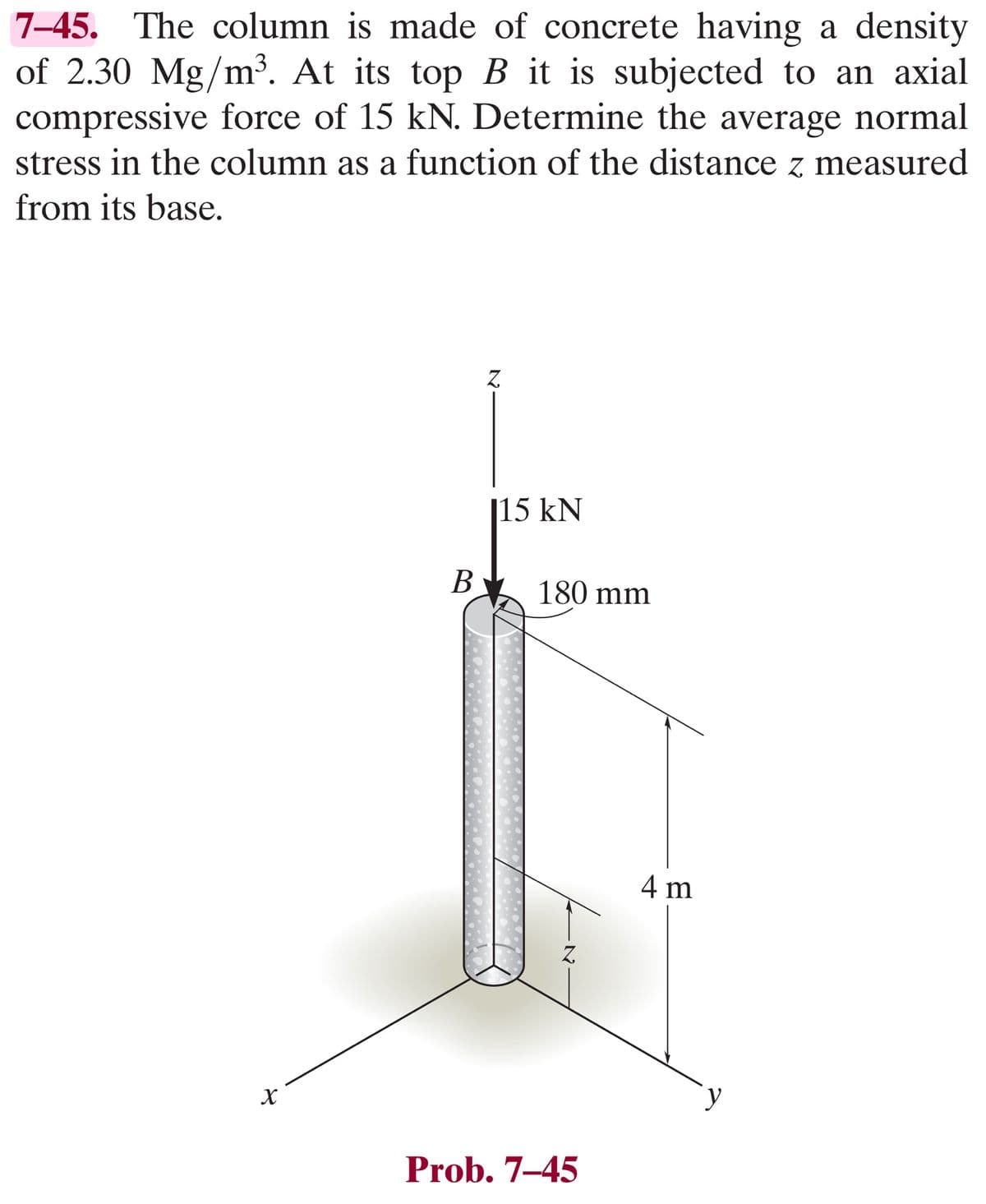 7-45. The column is made of concrete having a density
of 2.30 Mg/m³. At its top B it is subjected to an axial
compressive force of 15 kN. Determine the average normal
stress in the column as a function of the distance z measured
from its base.
X
B
Z
115 kN
180 mm
Z
Prob. 7-45
4 m
