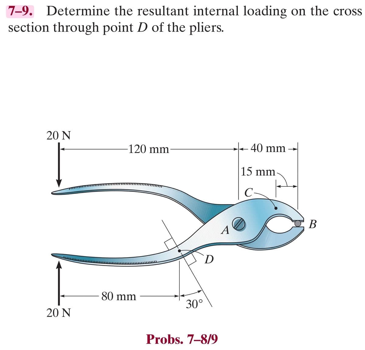 7-9. Determine the resultant internal loading on the cross
section through point D of the pliers.
20 N
20 N
120 mm
80 mm
**************
poseen
30°
D
Probs. 7-8/9
A
40 mm
15 mm
B