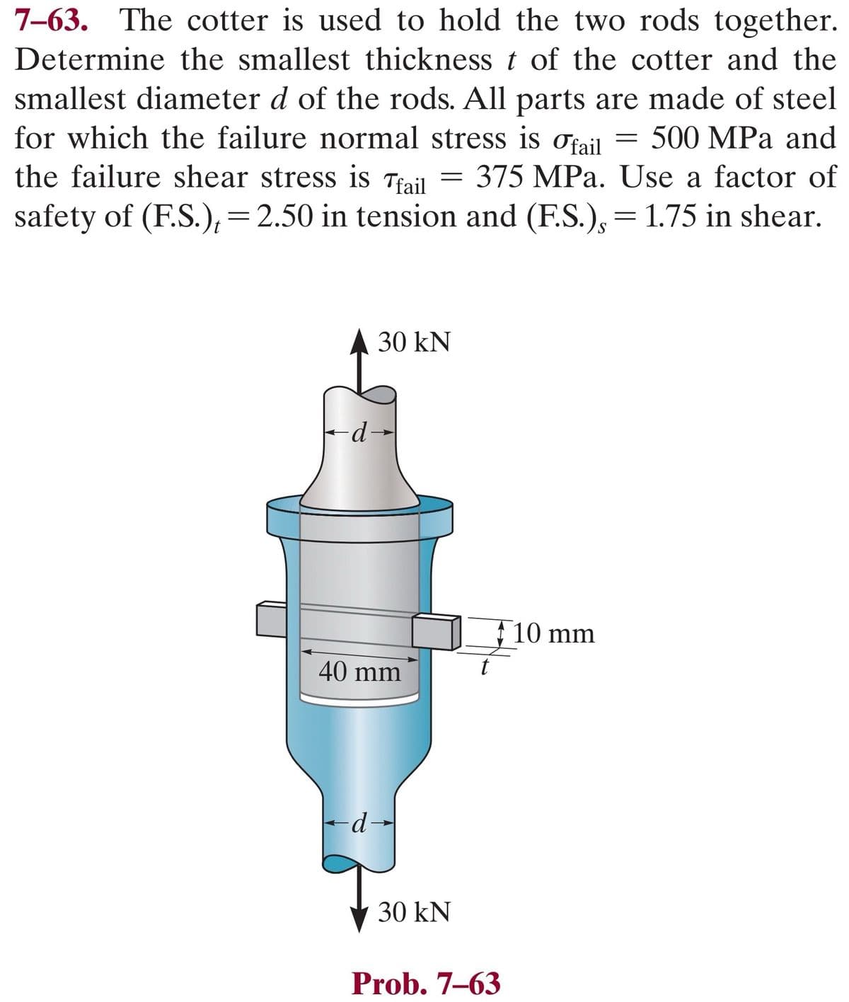 7-63. The cotter is used to hold the two rods together.
Determine the smallest thickness t of the cotter and the
smallest diameter d of the rods. All parts are made of steel
for which the failure normal stress is fail 500 MPa and
the failure shear stress is fail 375 MPa. Use a factor of
safety of (F.S.), = 2.50 in tension and (F.S.), = 1.75 in shear.
-d-
30 kN
40 mm
d
-
30 kN
t
Prob. 7-63
10 mm
=