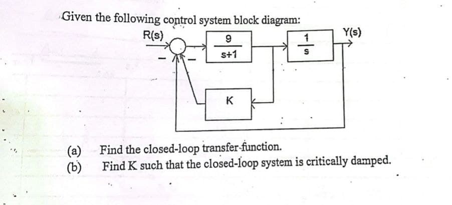Given the following control system block diagram:
R(s)
9
s+1
1
K
1
S
Y(s)
(a) Find the closed-loop transfer-function.
(b) Find K such that the closed-loop system is critically damped.
.