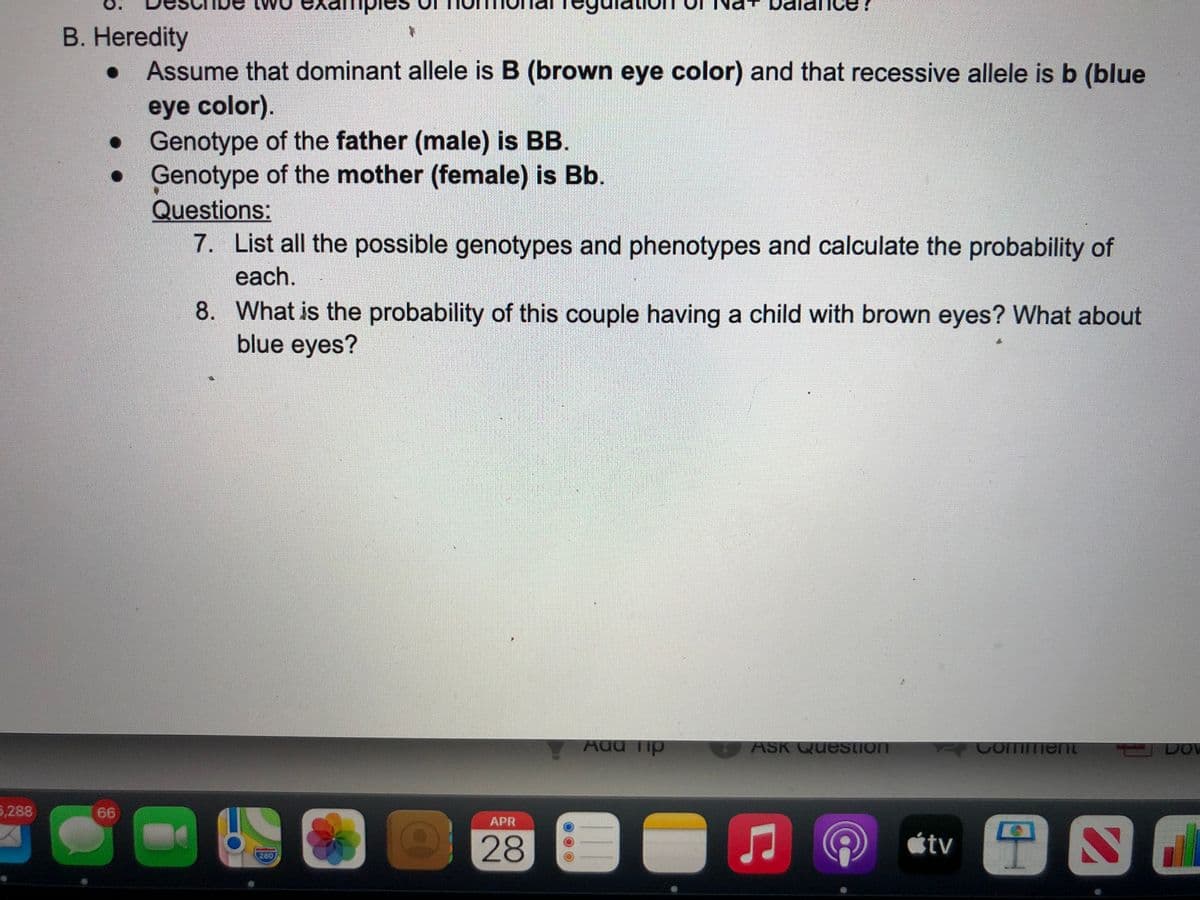 O.
exal
B. Heredity
Assume that dominant allele is B (brown eye color) and that recessive allele is b (blue
eye color).
Genotype of the father (male) is BB.
Genotype of the mother (female) is Bb,
Questions:
7. List all the possible genotypes and phenotypes and calculate the probability of
each.
8. What is the probability of this couple having a child with brown eyes? What about
blue eyes?
Add Tip
omment
ASK Question
Dow
5,288
66
APR
28
étv
260
