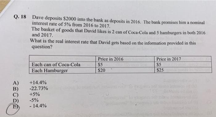 Q. 18 Dave deposits $2000 into the bank as deposits in 2016. The bank promises him a nominal
interest rate of 5% from 2016 to 2017.
The basket of goods that David likes is 2 can of Coca-Cola and 5 hamburgers in both 2016
and 2017.
What is the real interest rate that David gets based on the information provided in this
question?
Price in 2016
$5
$20
Price in 2017
Each can of Coca-Cola
$5
Each Hamburger
$25
A)
+14.4%
-22.73%
+5%
-5%
- 14.4%
