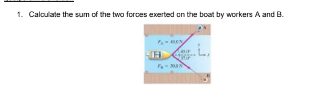 1. Calculate the sum of the two forces exerted on the boat by workers A and B.
F- 40.0N
45.0
37.0
F-30.0N
