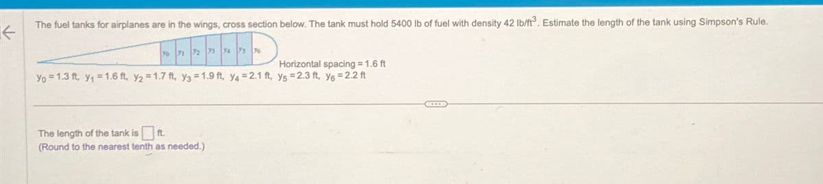 The fuel tanks for airplanes are in the wings, cross section below. The tank must hold 5400 lb of fuel with density 42 lb/ft³. Estimate the length of the tank using Simpson's Rule.
0 71 72 73 74 75 76
----
Horizontal spacing=1.6 ft
yo 1.3ft, y₁ 1.6 ft, y2=1.7 ft, y3 1.9 ft, y4-2.1 ft, ys -2.3 ft, y6-2.2 ft
The length of the tank is ft.
(Round to the nearest tenth as needed.)