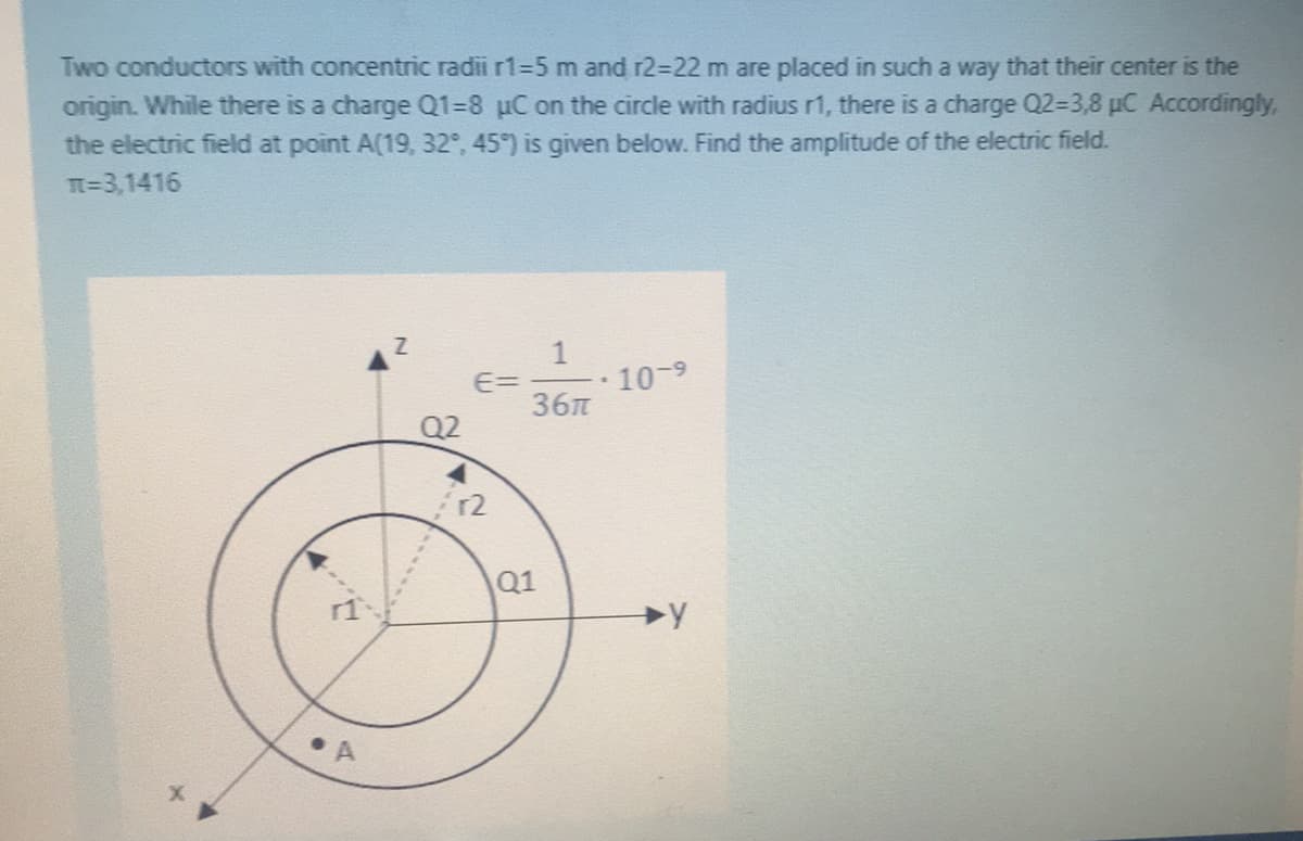 Two conductors with concentric radii r1=5 m and r2=22 m are placed in such a way that their center is the
origin. While there is a charge Q1=8 uC on the circle with radius r1, there is a charge Q2=3,8 µC Accordingly,
the electric field at point A(19, 32°, 45°) is given below. Find the amplitude of the electric field.
n=3,1416
E=
36
10-9
Q2
12
Q1
