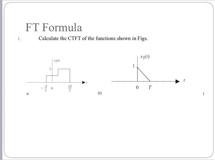 1.
FT Formula
Calculate the CTFT of the functions shown in Figs.
X3(1)
A. K
37
0
T
2
(c)
(