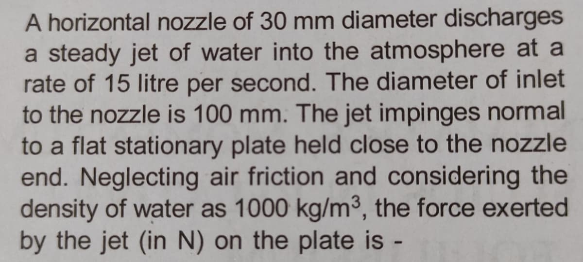 A horizontal nozzle of 30 mm diameter discharges
a steady jet of water into the atmosphere at a
rate of 15 litre per second. The diameter of inlet
to the nozzle is 100 mm. The jet impinges normal
to a flat stationary plate held close to the nozzle
end. Neglecting air friction and considering the
density of water as 1000 kg/m³, the force exerted
by the jet (in N) on the plate is -