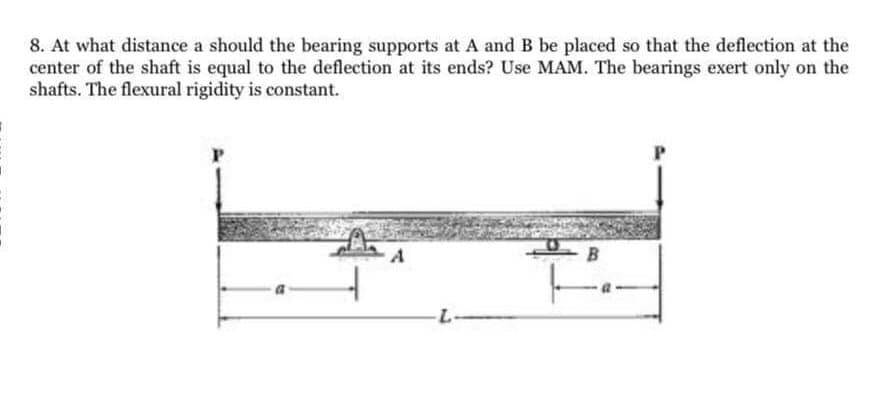 8. At what distance a should the bearing supports at A and B be placed so that the deflection at the
center of the shaft is equal to the deflection at its ends? Use MAM. The bearings exert only on the
shafts. The flexural rigidity is constant.
- B
