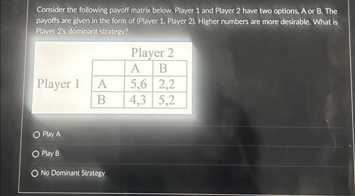 Consider the following payoff matrix below. Player 1 and Player 2 have two options, A or B. The
payoffs are given in the form of (Player 1, Player 2). Higher numbers are more desirable. What is
Player 2's dominant strategy?
Player 2
B
A
Player 1 A
5,6 2,2
B
4,3 5,2
O Play A
Play B
O No Dominant Strategy