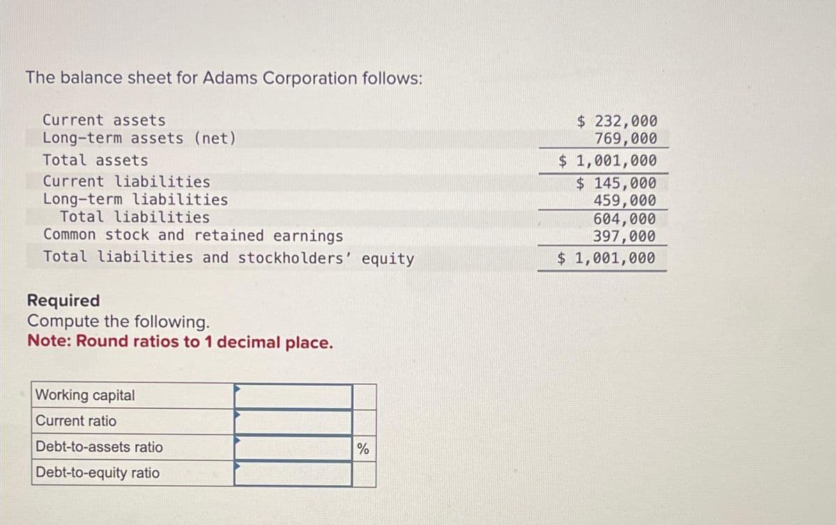 The balance sheet for Adams Corporation follows:
Current assets
Long-term assets (net)
Total assets
Current liabilities
Long-term liabilities
Total liabilities
Common stock and retained earnings
Total liabilities and stockholders' equity
Required
Compute the following.
Note: Round ratios to 1 decimal place.
Working capital
Current ratio
Debt-to-assets ratio
Debt-to-equity ratio
%
$ 232,000
769,000
$ 1,001,000
$ 145,000
459,000
604,000
397,000
$ 1,001,000