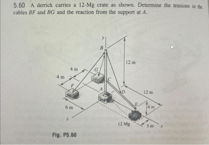 5.60 A derrick carries a 12-Mg crate as shown. Determine the tensions in the
cables BF and BG and the reaction from the support at A.
4 m
4 m
6 m
Fig. P5.60
B
O
12 m
12 Mg
EA
12 m
4 m
3 m
k