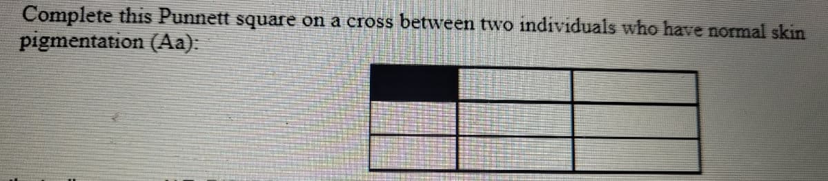 Complete this Punnett square on a cross between two individuals who have normal skin
pigmentation (Aa):
