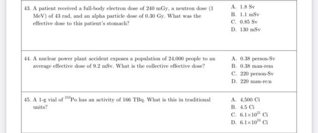 43. A patient received a full-body electron dose of 240 mGy, a neutron dose (1
A. 1.8 Sv
B. 1.1 mSv
MeV) of 43 rad, and an alpha particle dose of 0.30 Gy. What was the
effective dose to this patient's stomach?
C. 0.85 Sv
D. 130 mSv
44. A nuclear power plant accident exposes a population of 24,000 people to an
average effective dose of 9.2 mSv. What is the collective effective dose?
A. 0.38 person-Sv
B. 0.38 man-rem
C. 220 person-Sv
D. 220 man-rem
45. A 1-g vial of "Po has an activity of 166 TBq. What is this in traditional
A. 4,500 Ci
B. 4.5 Ci
C. 6.1x102 Ci
D. 6.1x 10" Ci
units?
