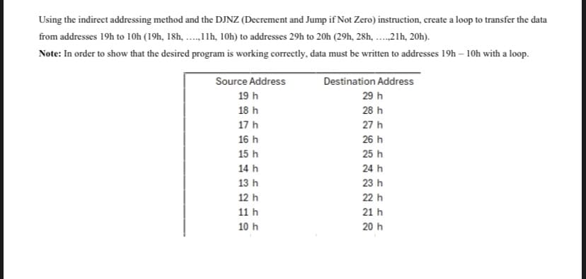 Using the indirect addressing method and the DJNZ (Decrement and Jump if Not Zero) instruction, create a loop to transfer the data
from addresses 19h to 10h (19h, 18h,..... 11h, 10h) to addresses 29h to 20h (29h, 28h,....,21h, 20h).
Note: In order to show that the desired program is working correctly, data must be written to addresses 19h - 10h with a loop.
Source Address
Destination Address
19 h
29 h
18 h
28 h
17 h
27 h
16 h
26 h
15 h
25 h
14 h
24 h
13 h
23 h
12 h
22 h
11 h
21 h
10 h
20 h