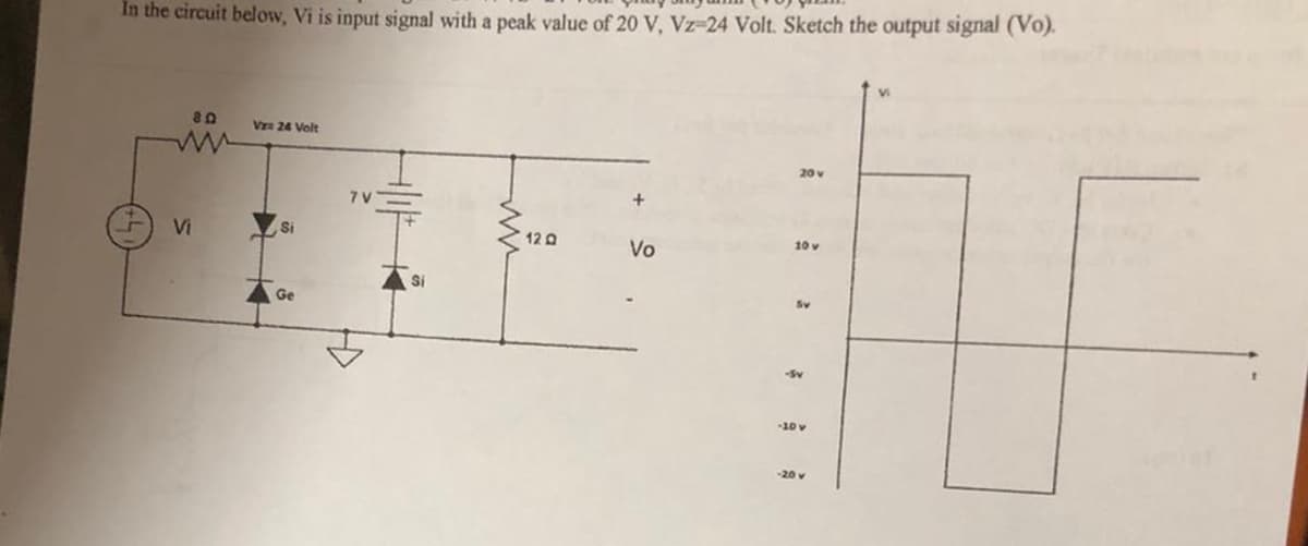 In the circuit below, Vi is input signal with a peak value of 20 V, Vz-24 Volt. Sketch the output signal (Vo).
80
Vr: 24 Volt
ww
Vi
Si
Ge
20v
120
10 v
Vo
Si
Sv
2
-10 v
-20v