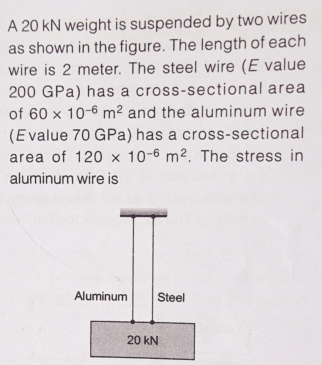 A 20 KN weight is suspended by two wires
as shown in the figure. The length of each
wire is 2 meter. The steel wire (E value
200 GPa) has a cross-sectional area
of 60 x 10-6 m² and the aluminum wire
(Evalue 70 GPa) has a cross-sectional
area of 120 x 10-6 m². The stress in
aluminum wire is
Aluminum
Steel
20 kN