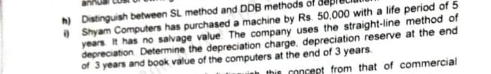 h) Distinguish between SL method and DDB methods of
Shyam Computers has purchased a machine by Rs. 50,000 with a life period of 5
years. It has no salvage value. The company uses the straight-line method of
depreciation Determine the depreciation charge, depreciation reserve at the end
of 3 years and book value of the computers at the end of 3 years.
this concept from that of commercial