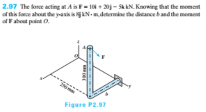 2.97 The force acting at A is F= 101 + 20j – 5k kN. Knowing that the moment
of this force about the y-axis is 8j kN- m, determine the distance band the moment
of Fabout point o.
250 mm
Figure P2.97
