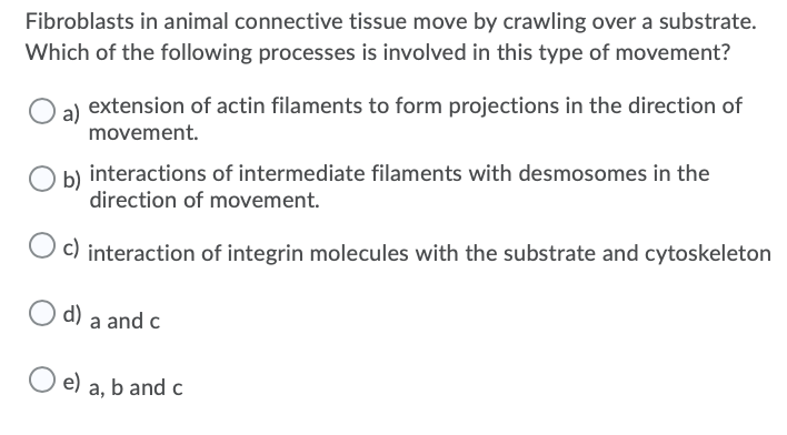 Fibroblasts in animal connective tissue move by crawling over a substrate.
Which of the following processes is involved in this type of movement?
extension of actin filaments to form projections in the direction of
a)
movement.
interactions of intermediate filaments with desmosomes in the
b)
direction of movement.
O c) interaction of integrin molecules with the substrate and cytoskeleton
d) a and c
O e) a, b and c
