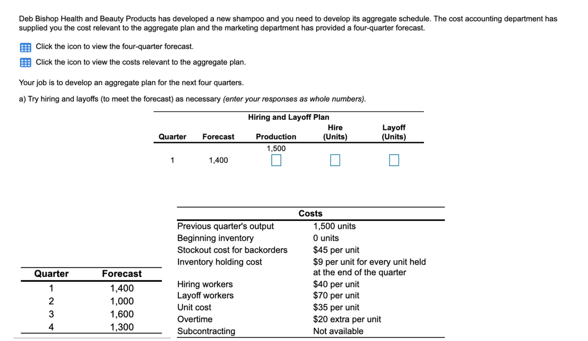 Deb Bishop Health and Beauty Products has developed a new shampoo and you need to develop its aggregate schedule. The cost accounting department has
supplied you the cost relevant to the aggregate plan and the marketing department has provided a four-quarter forecast.
Click the icon to view the four-quarter forecast.
Click the icon to view the costs relevant to the aggregate plan.
Your job is to develop an aggregate plan for the next four quarters.
a) Try hiring and layoffs (to meet the forecast) as necessary (enter your responses as whole numbers).
Hiring and Layoff Plan
Layoff
(Units)
Hire
Quarter
Forecast
Production
(Units)
1,500
1
1,400
Costs
Previous quarter's output
Beginning inventory
1,500 units
O units
$45 per unit
$9 per unit for every unit held
at the end of the quarter
$40 per unit
$70 per unit
$35 per unit
$20 extra per unit
Stockout cost for backorders
TIE
Inventory holding cost
Quarter
Forecast
Hiring workers
Layoff workers
Unit cost
1
1,400
2
1,000
3
1,600
Overtime
4
1,300
Subcontracting
Not available
