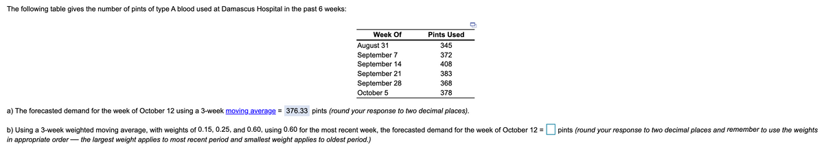 The following table gives the number of pints of type A blood used at Damascus Hospital in the past 6 weeks:
Week Of
Pints Used
August 31
September 7
September 14
September 21
September 28
345
372
408
383
368
October 5
378
a) The forecasted demand for the week of October 12 using a 3-week moving average = 376.33 pints (round your response to two decimal places).
b) Using a 3-week weighted moving average, with weights of 0.15, 0.25, and 0.60, using 0.60 for the most recent week, the forecasted demand for the week of October 12 =
in appropriate order – the largest weight applies to most recent period and smallest weight applies to oldest period.)
pints (round your response to two decimal places and remember to use the weights
