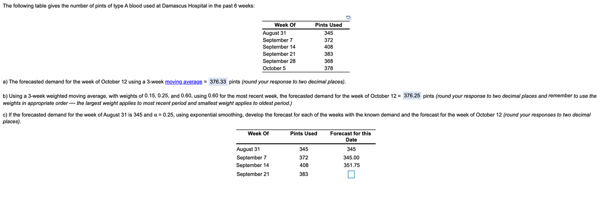 The following table gives the number of pints of type A blood used at Damascus Hospital in the past 6 weeks:
Week Of
Pints Used
August 31
September 7
September 14
September 21
September 28
345
372
408
383
368
October 5
378
a) The forecasted demand for the week of October 12 using a 3-week moving average = 376.33 pints (round your response to two decimal places).
b) Using a 3-week weighted moving average, with weights of 0.15, 0.25, and 0.60, using 0.60 for the most recent week, the forecasted demand for the week of October 12 = 376.25 pints (round your response to two decimal places and remember to use the
weights in
propriate order– the largest weight applies to most recent period and smallest weight applies to oldest period.)
c) If the forecasted demand for the week of August 31 is 345 and a = 0.25, using exponential smoothing, develop the forecast for each of the weeks with the known demand and the forecast for the week of October 12 (round your responses to two decimal
places).
Week Of
Pints Used
Forecast for this
Date
August 31
345
345
September 7
372
345.00
September 14
408
351.75
September 21
383
