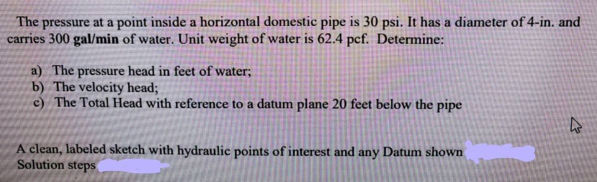 The pressure at a point inside a horizontal domestic pipe is 30 psi. It has a diameter of 4-in. and
carries 300 gal/min of water. Unit weight of water is 62.4 pef. Determine:
a) The pressure head in feet of water;
b) The velocity head;
c) The Total Head with reference to a datum plane 20 feet below the pipe
A clean, labeled sketch with hydraulic points of interest and any Datum shown
Solution stepS
