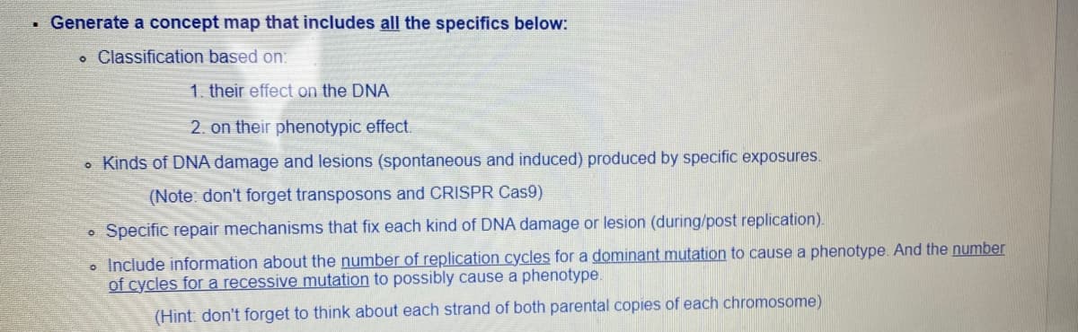 Generate a concept map that includes all the specifics below:
• Classification based on:
1. their effect on the DNA
2. on their phenotypic effect.
. Kinds of DNA damage and lesions (spontaneous and induced) produced by specific exposures.
(Note: don't forget transposons and CRISPR Cas9)
Specific repair mechanisms that fix each kind of DNA damage or lesion (during/post replication).
• Include information about the number of replication cycles for a dominant mutation to cause a phenotype. And the number
of cycles for a recessive mutation to possibly cause a phenotype.
(Hint: don't forget to think about each strand of both parental copies of each chromosome)
O