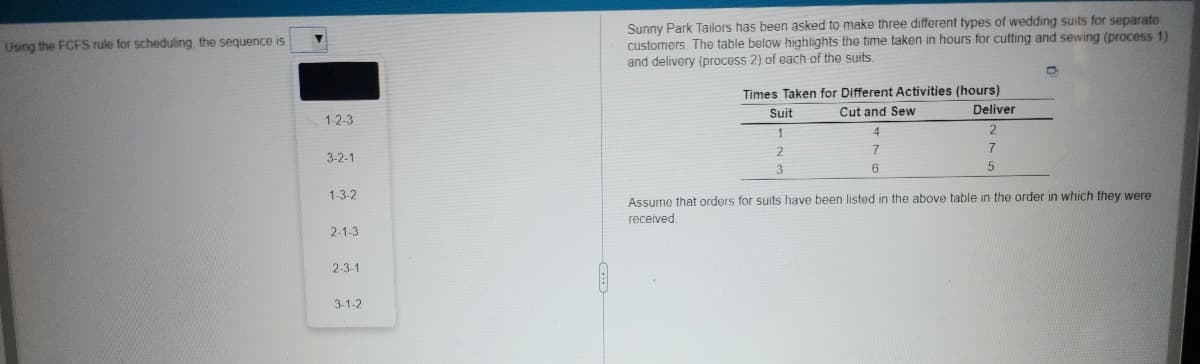 Using the FCFS rule for scheduling, the sequence is
1-2-3
3-2-1
1-3-2
2-1-3
2-3-1
3-1-2
Sunny Park Tailors has been asked to make three different types of wedding suits for separate
customers. The table below highlights the time taken in hours for cutting and sewing (process 1)
and delivery (process 2) of each of the suits.
Times Taken for Different Activities (hours)
Suit
Cut and Sew
Deliver
2
2
3
4
7
6
7
5
Assume that orders for suits have been listed in the above table in the order in which they were
received.