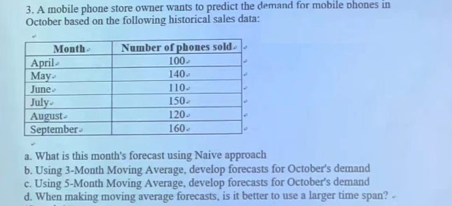 3. A mobile phone store owner wants to predict the demand for mobile phones in
October based on the following historical sales data:
Month-
April
May
June.
July
August
September
Number of phones sold.
100,
140-
110.
150.
120.
160-
a. What is this month's forecast using Naive approach
b. Using 3-Month Moving Average, develop forecasts for October's demand
c. Using 5-Month Moving Average, develop forecasts for October's demand
d. When making moving average forecasts, is it better to use a larger time span? -