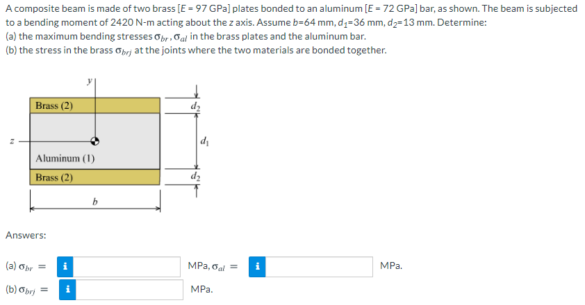 A composite beam is made of two brass [E = 97 GPa] plates bonded to an aluminum [E = 72 GPa] bar, as shown. The beam is subjected
to a bending moment of 2420 N-m acting about the z axis. Assume b=64 mm, d1=36 mm, d2=13 mm. Determine:
(a) the maximum bending stresses opy,Gal in the brass plates and the aluminum bar.
(b) the stress in the brass obrj at the joints where the two materials are bonded together.
Brass (2)
d2
Aluminum (1)
Brass (2)
dz
b
Answers:
(a) obr =
i
MPa, oal =
i
MPа.
(b) Obrj
MPa.
