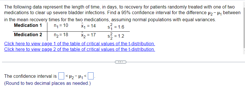 The following data represent the length of time, in days, to recovery for patients randomly treated with one of two
medications to clear up severe bladder infections. Find a 95% confidence interval for the difference μ₂- μ₁ between
in the mean recovery times for the two medications, assuming normal populations with equal variances.
Medication 1
n₁ = 10
Medication 2
n2=18
X₁ = 14
X2=17
$² = 1.6
$ = 1.2
Click here to view page 1 of the table of critical values of the t-distribution.
Click here to view page 2 of the table of critical values of the t-distribution.
The confidence interval is
(Round to two decimal places as needed.)
