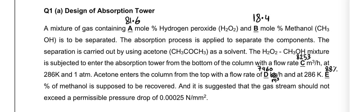 Q1 (a) Design of Absorption Tower
81.6
18.4
A mixture of gas containing A mole % Hydrogen peroxide (H₂O2) and B mole % Methanol (CH3
OH) is to be separated. The absorption process is applied to separate the components. The
separation is carried out by using acetone (CH3COCH3) as a solvent. The H₂O2 - CH3OH mixture
8253
is subjected to enter the absorption tower from the bottom of the column with a flow rate C m³/h, at
7460
88%
286K and 1 atm. Acetone enters the column from the top with a flow rate of D kg/h and at 286 K. E
m³
% of methanol is supposed to be recovered. And it is suggested that the gas stream should not
exceed a permissible pressure drop of 0.00025 N/mm².