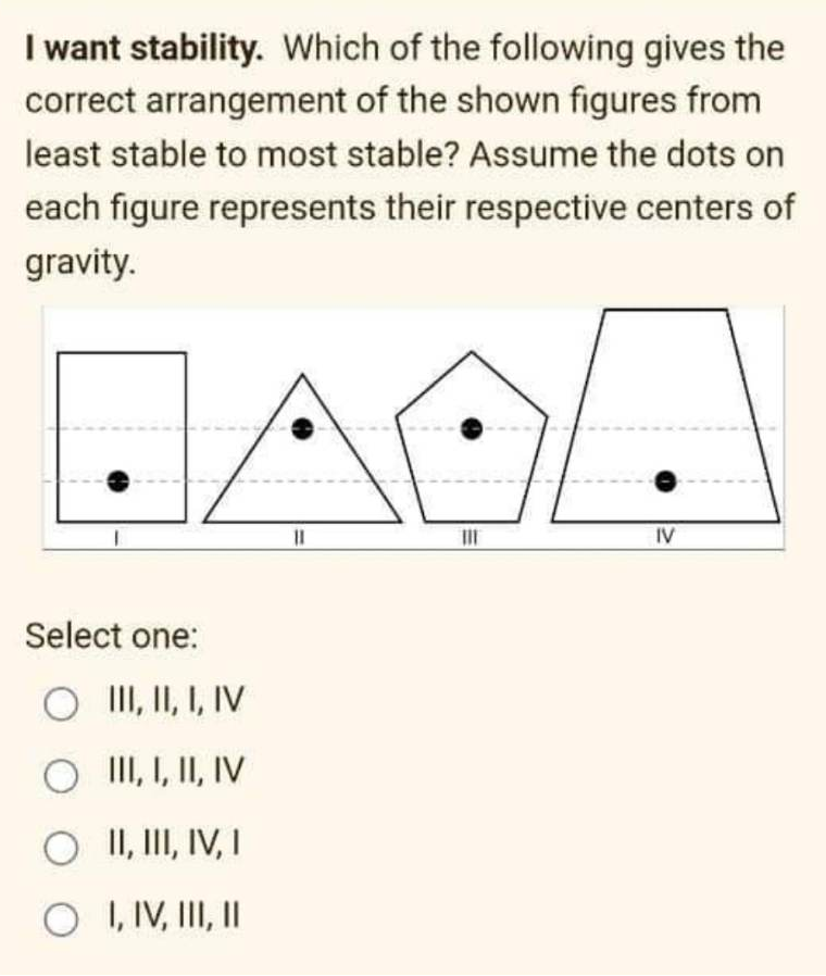 I want stability. Which of the following gives the
correct arrangement of the shown figures from
least stable to most stable? Assume the dots on
each figure represents their respective centers of
gravity.
Select one:
O III, II, I, IV
O III, I, II, IV
O II, III, IV, I
OI, IV, III, II
11
IV